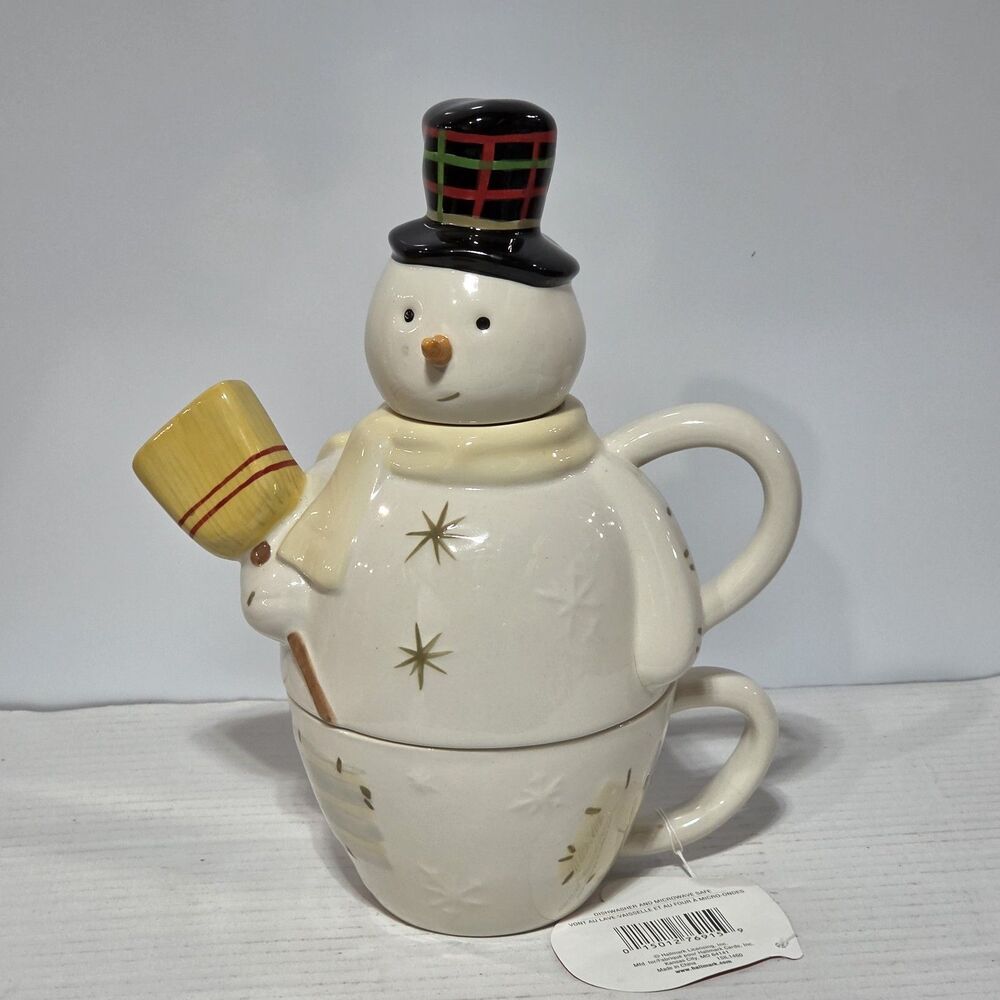 Hallmark Ceramic SNOWMAN Tea for One ~ 3-Piece Set ~ Teapot Lid & Cup ~ NWT